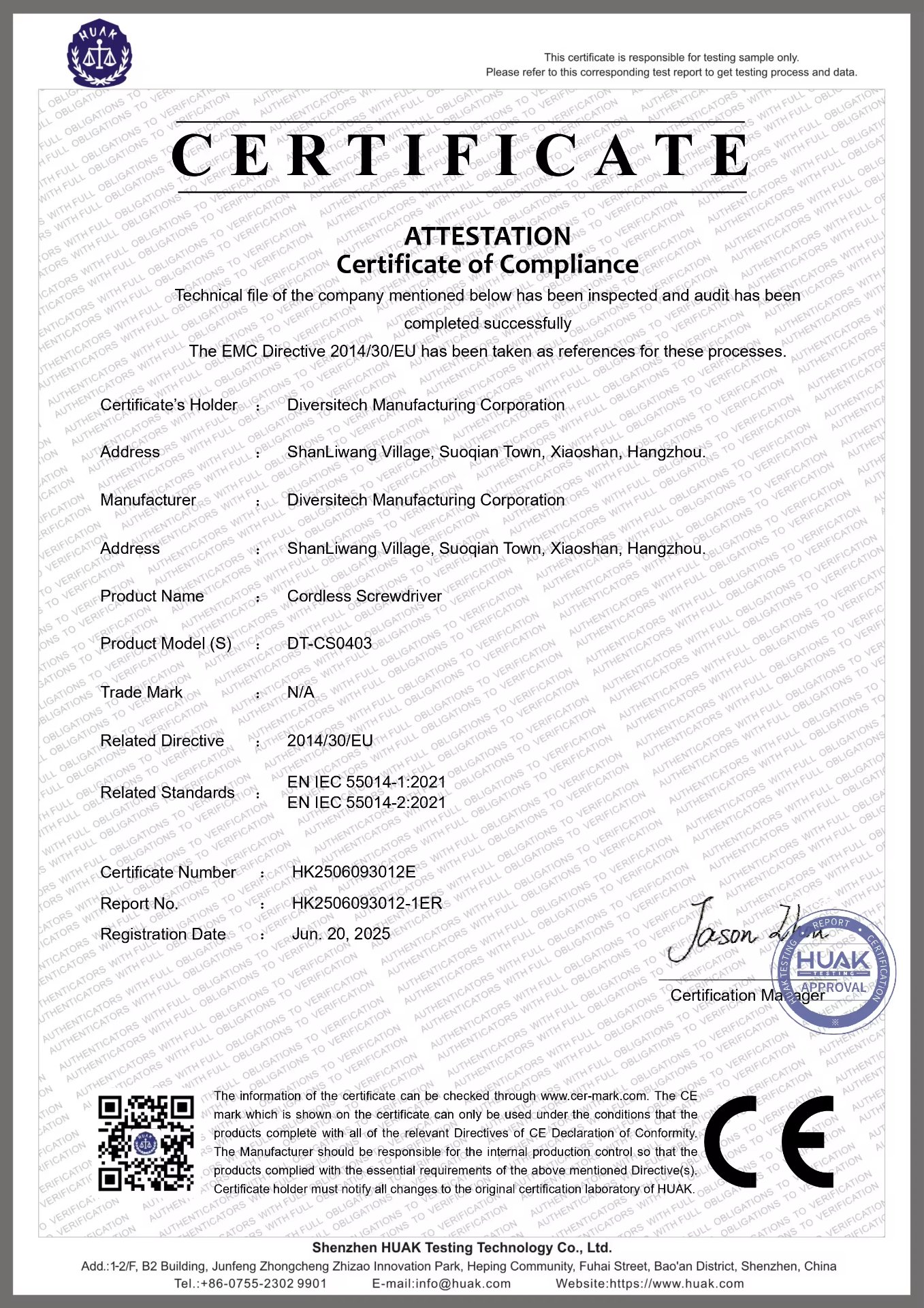 CE Attestation HK2506093012E