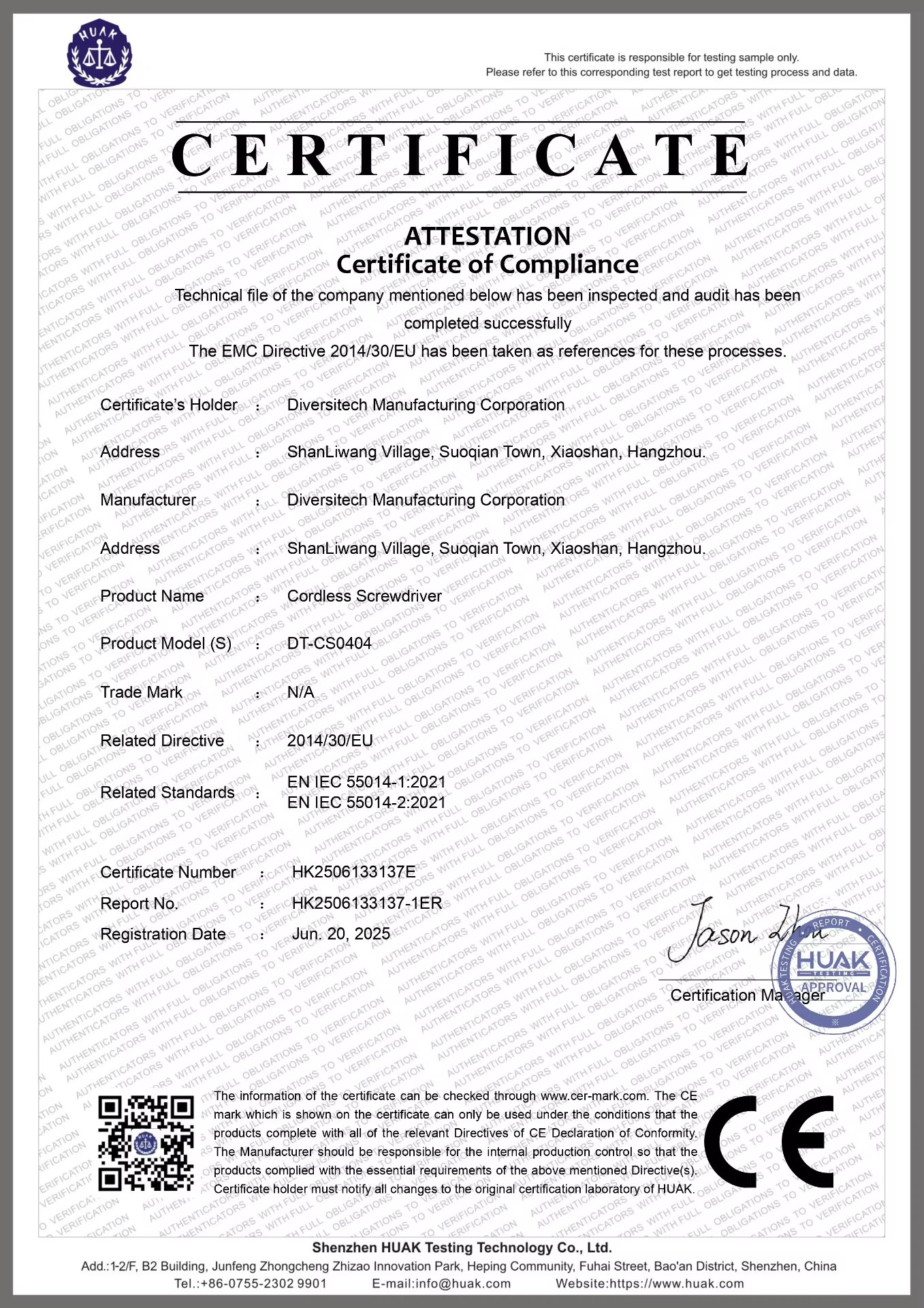 CE Attestation HK2506133137E