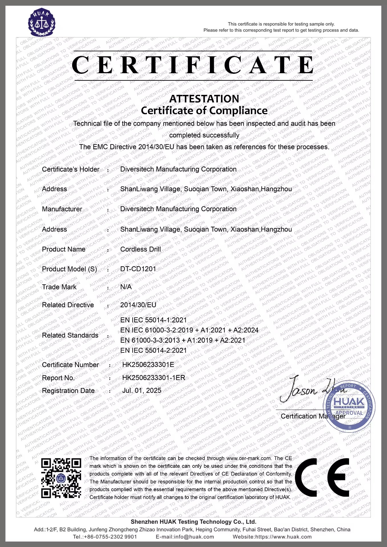 CE Attestation HK2506233301E