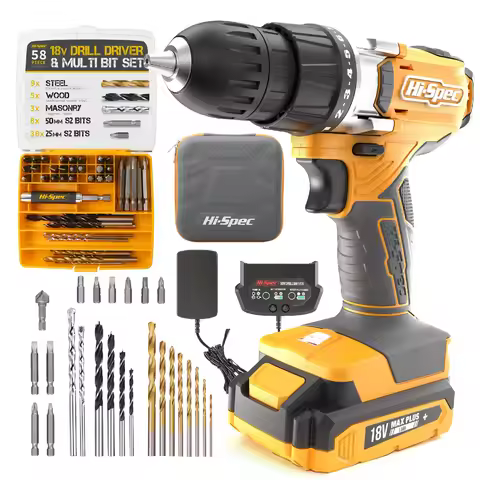 Hi-Spec 58pc 18V 1500mAh Cordless Electric Drill Driver Set Carbon Steel Power Tool Kits for Home & Garage DIY OEM ODM