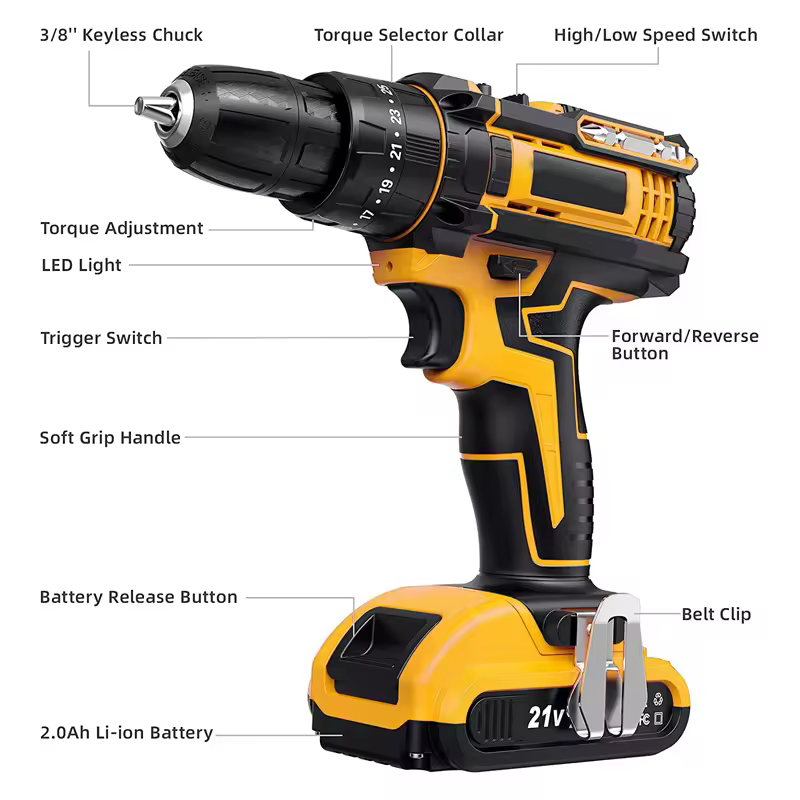 Hi-Spec 21V 2000mAh Cordless Drill and Impact Driver Set 59pc Hot Selling Electric Power Tool Kits with Hard Case OEM ODM