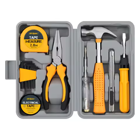 14pc Basic DIY Hand Tool Kit for Home Office Small Compact Carbon Steel Tool Box Case for Household Improvement Repairs OEM