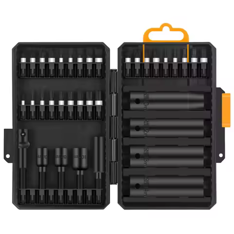 36pc S2 Steel Hex Shank Screwdriver Set DIY Grade Multi-Bits Nut Drivers Including Long 3/8\" Drive Sockets Drill Adaptors OEM