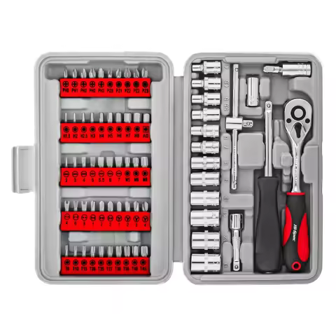 Compact 69pc 1/4\" Metric Sockets Screwdriver Bit Set Cr-V Material with Ratchet T-Bar Handles Hard Case OEM ODM Ready